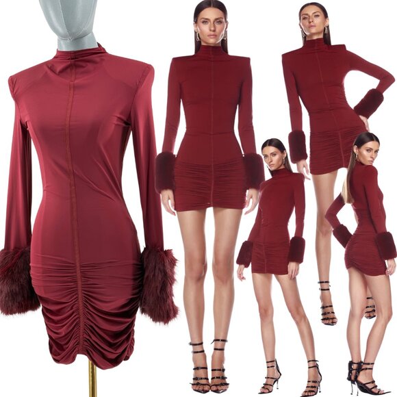 🆕 BRONX & BANCO 🧿 NWOT Eleanor Burgundy Fur Trimmed Mini Dress, Sz S US 4 - Picture 1 of 16
